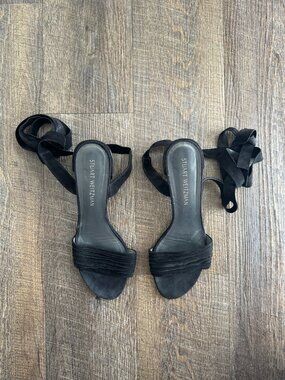 Stuart Weitzman Black Suede Ankle Wrap Heeled Sandals - Size 8.5
